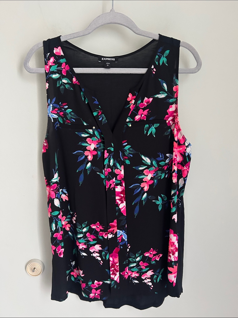 Express Black Floral Sleeveless V-Neck Camisole - Pink & Green Accents